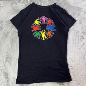 Keith Haring Graphic Tee Black Multicolor Dancing Figures Art Shirt Women’s M